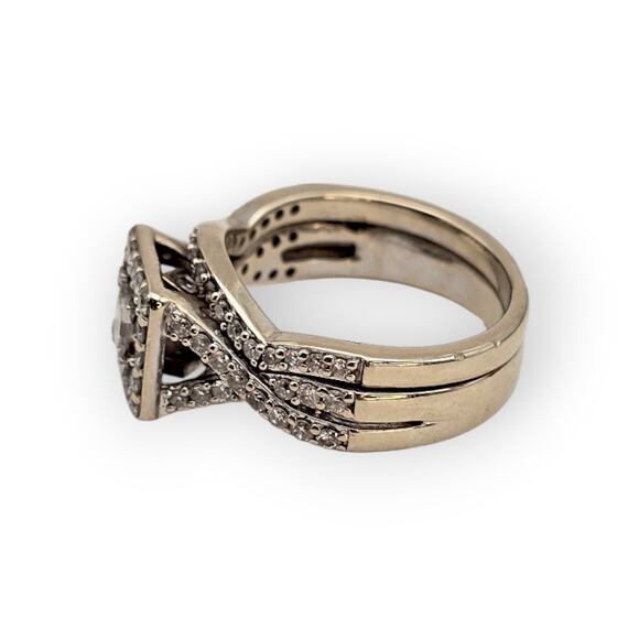 14k White Gold Diamond Bridal Set Princess Halo Engagement Ring & Twisted Band - Picture 4 of 12